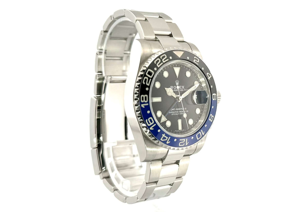 Rolex GMT Master II Edelstahl 116710BLNR, 40 mm Gehäusedurchmesser, schwarze Lünette mit blau/schwarzer Keramik-Einlage, Oyster Edelstahlband.