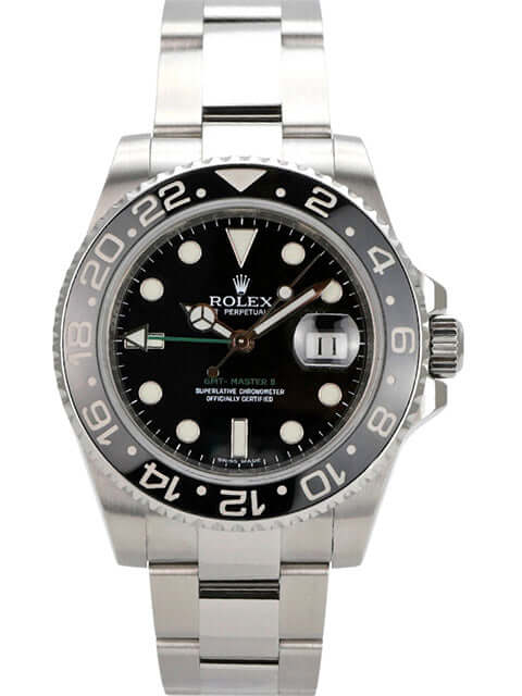 Rolex GMT-Master II Edelstahl 116710LN, polierte und satinierte Uhr mit schwarzem Zifferblatt und drehbarer Lünette.
