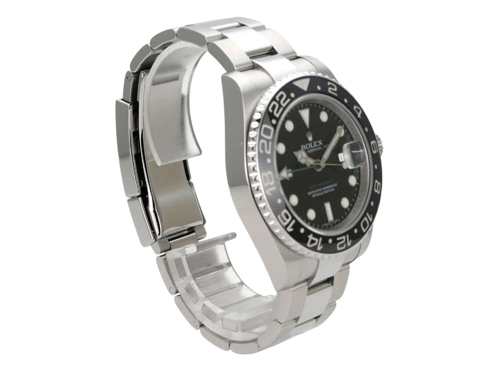 Rolex GMT-Master II Edelstahl 116710LN: Polierte und satinierte Edelstahl-Uhr mit schwarzem Zifferblatt.