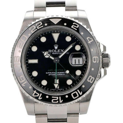 Rolex GMT-Master II Edelstahl 116710LN mit schwarzem Zifferblatt und Edelstahlarmband.