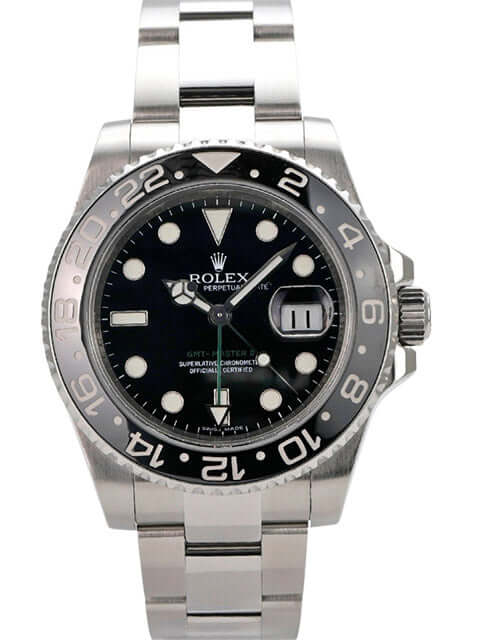 Rolex GMT-Master II Edelstahl 116710LN mit schwarzem Zifferblatt und Edelstahlarmband.