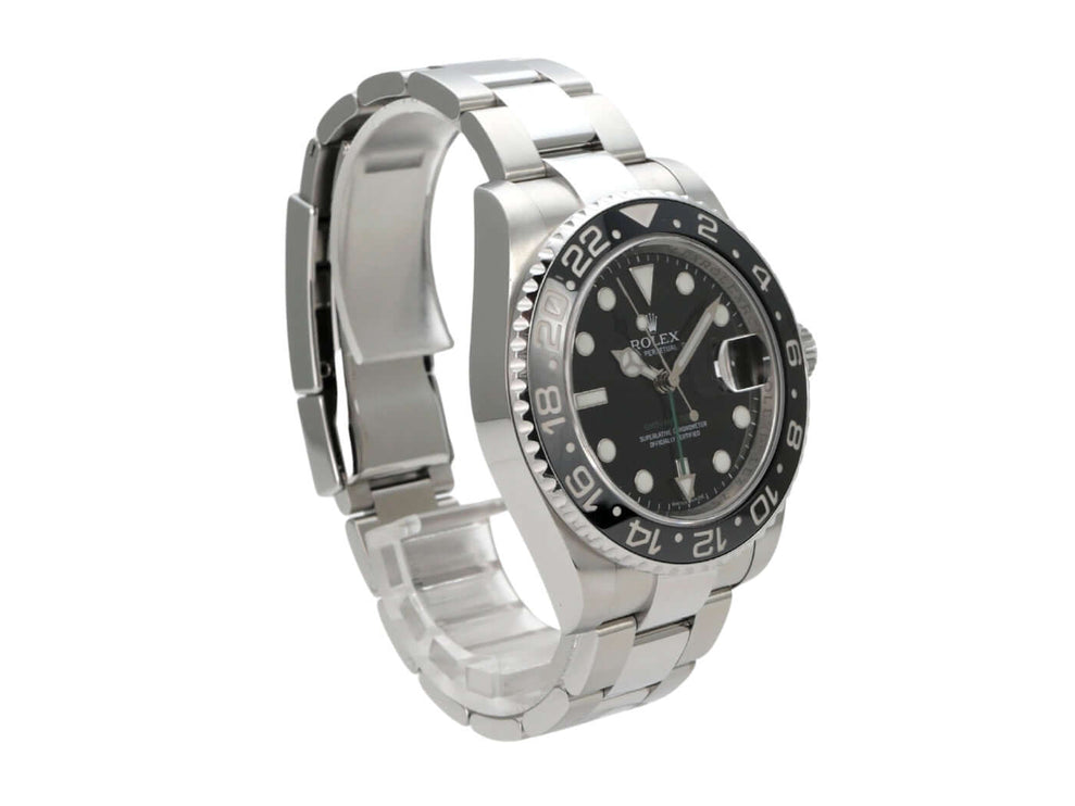 Rolex GMT-Master II Edelstahl 116710LN mit schwarzem Zifferblatt und Edelstahlarmband.