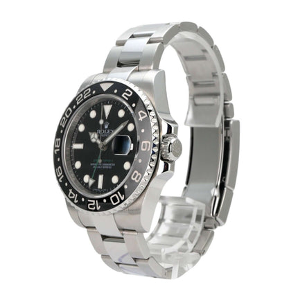 Rolex GMT-Master II Edelstahl 116710LN mit schwarzem Zifferblatt und Edelstahlband.