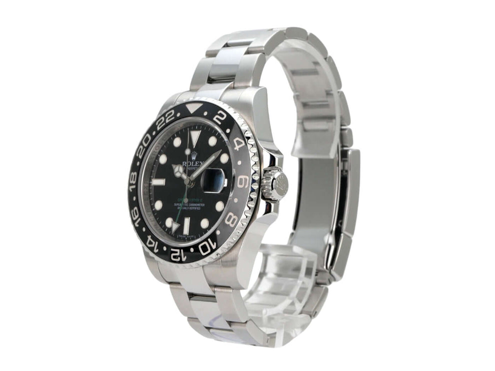 Rolex GMT-Master II Edelstahl 116710LN mit schwarzem Zifferblatt und Edelstahlband.