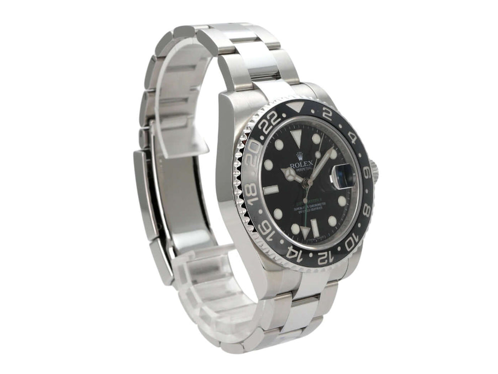 Rolex GMT-Master II Edelstahl 116710LN mit schwarzem Zifferblatt und Edelstahlarmband.