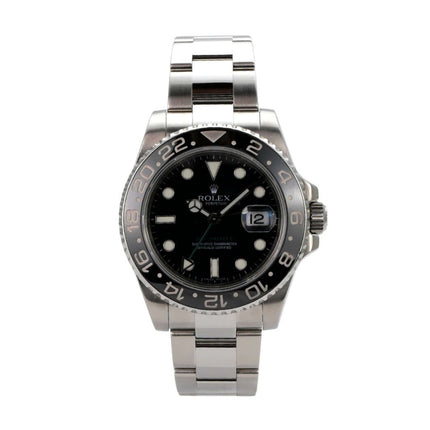 Rolex GMT-Master II Edelstahl 116710LN mit schwarzem Zifferblatt und Edelstahlarmband, elegant und sportlich.
