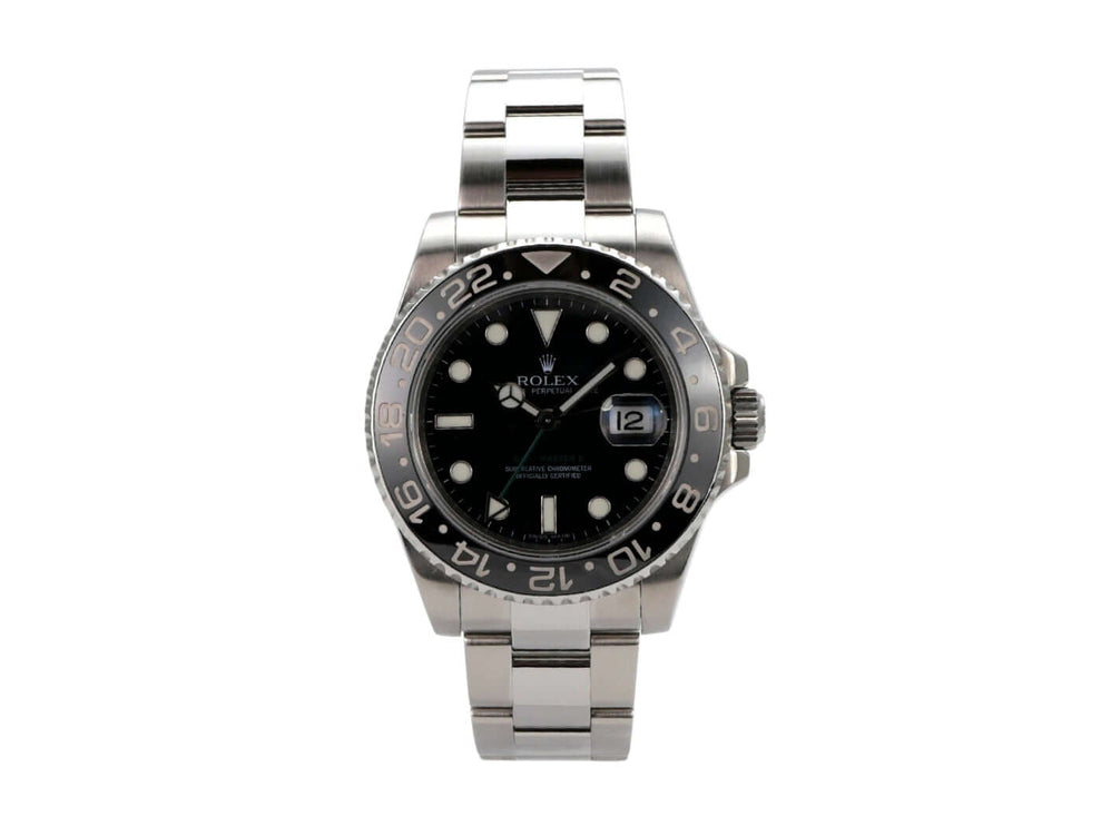 Rolex GMT-Master II Edelstahl 116710LN mit schwarzem Zifferblatt und Edelstahlarmband, elegant und sportlich.