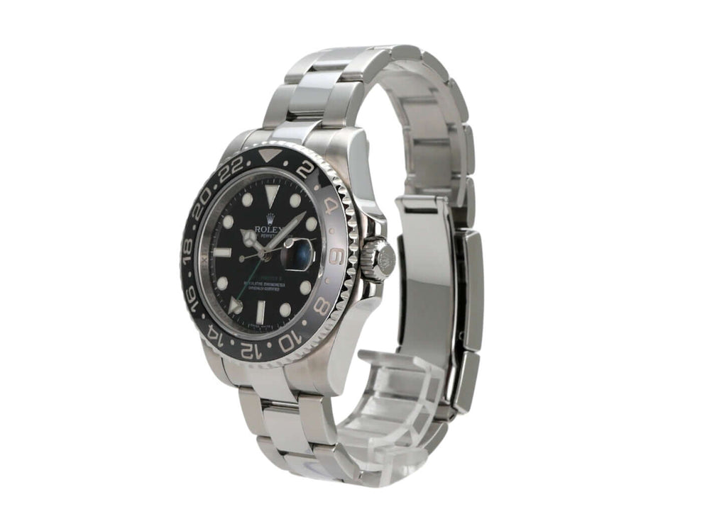 Rolex GMT-Master II Edelstahl 116710LN mit schwarzem Zifferblatt und drehbarer Keramikuhr, seitliche Ansicht.