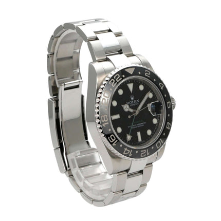 Rolex GMT-Master II Edelstahl 116710LN, schwarzes Zifferblatt, drehbare Lünette, poliertes Edelstahlband.