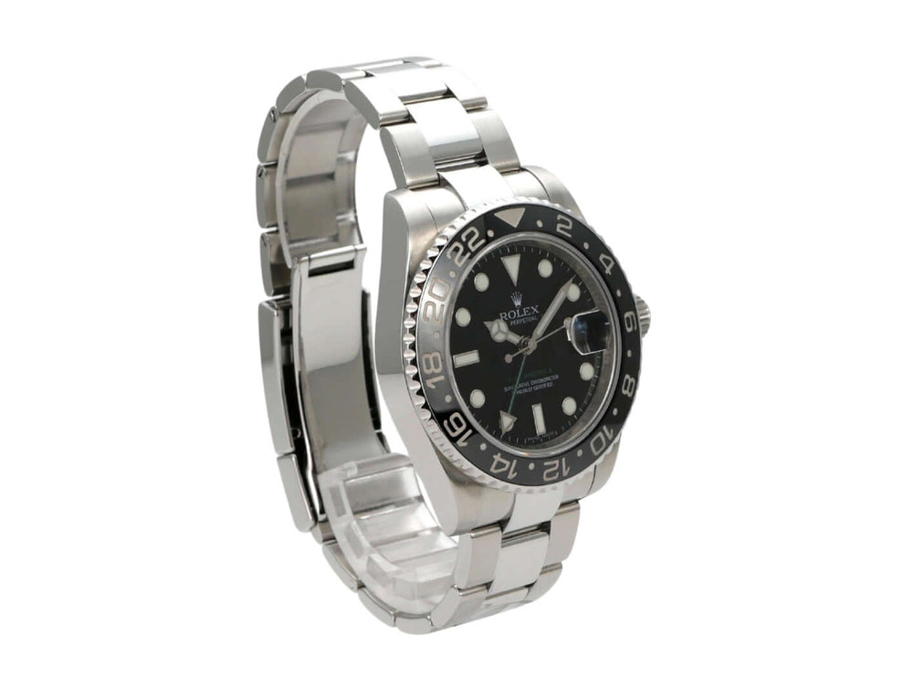 Rolex GMT-Master II Edelstahl 116710LN, schwarzes Zifferblatt, drehbare Lünette, poliertes Edelstahlband.