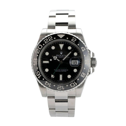 Rolex GMT-Master II Edelstahl 116710LN mit schwarzem Zifferblatt und drehbarer Lünette.