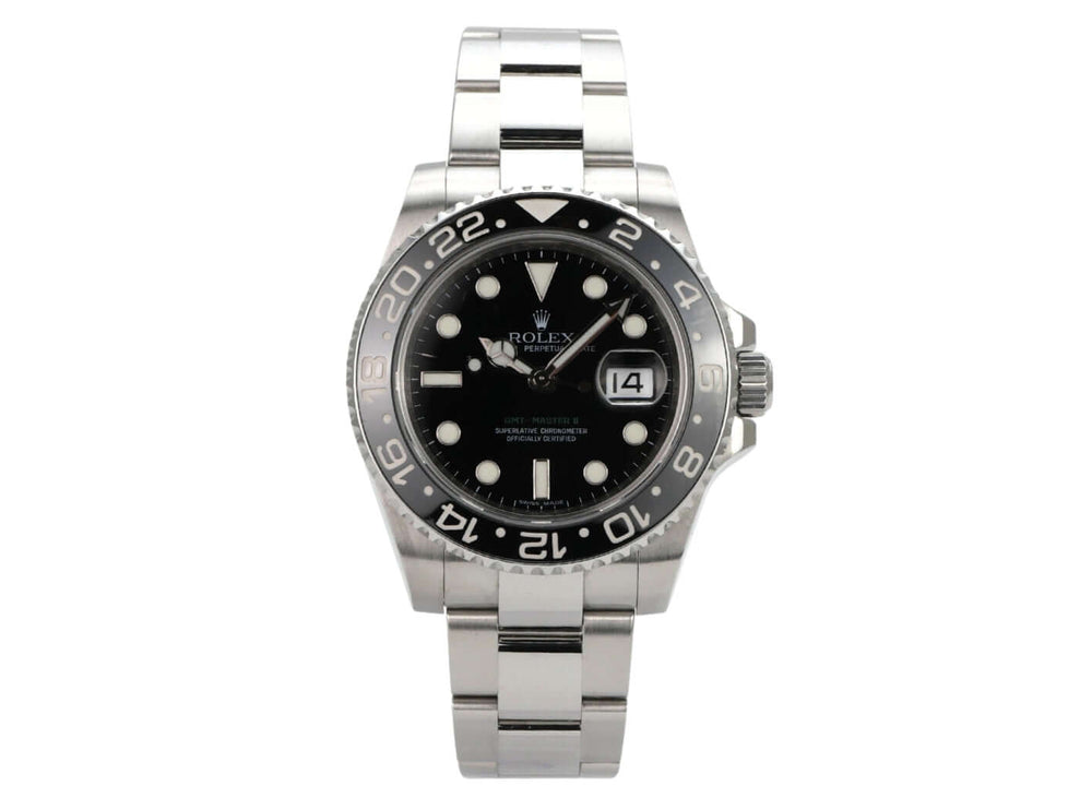 Rolex GMT-Master II Edelstahl 116710LN, schwarze Lünette, schwarzes Zifferblatt, Edelstahlarmband
