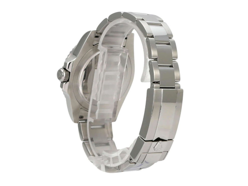 Rolex GMT-Master II Edelstahl 116710LN mit Edelstahlband, seitliche Ansicht, poliert und satiniert.