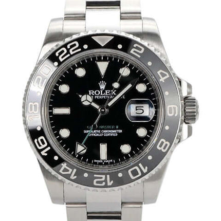 Rolex GMT-Master II Edelstahl 116710LN, schwarzes Zifferblatt, Edelstahlband, drehbare Lünette, Automatikwerk, 40 mm Gehäusedurchmesser.