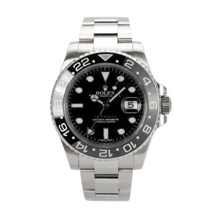 Rolex GMT-Master II Edelstahl 116710LN mit schwarzem Zifferblatt und drehbarer Lünette, 40 mm Gehäuse, Automatikwerk.