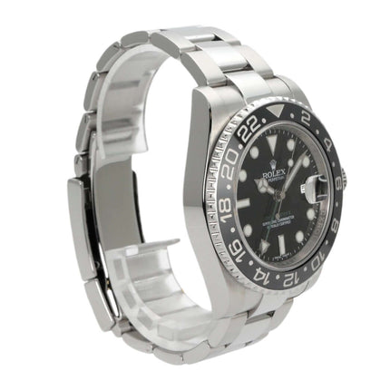 Rolex GMT-Master II Edelstahl 116710LN, poliertes und satiniertes Gehäuse, schwarzes Zifferblatt, drehbare Lünette.