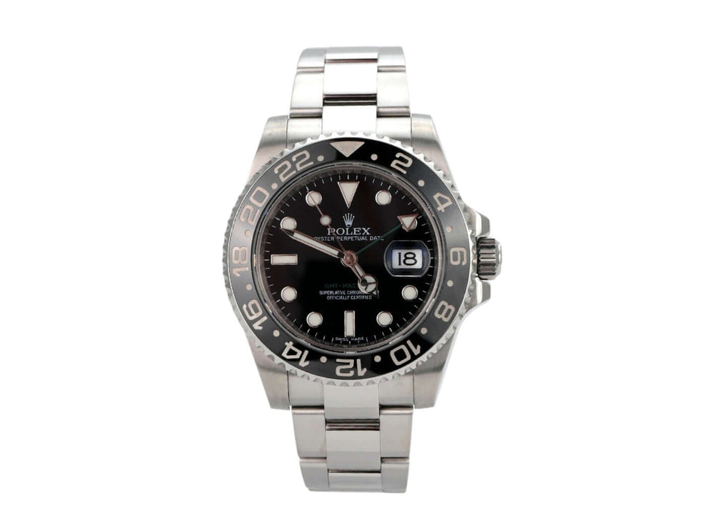 Rolex GMT-Master II Edelstahl 116710LN mit schwarzem Zifferblatt und Keramiklünette in 40 mm.