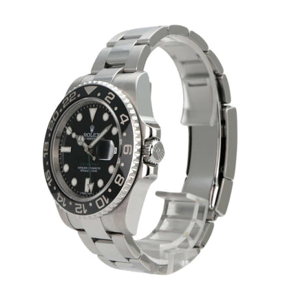 Rolex GMT-Master II Edelstahl 116710LN mit schwarzem Zifferblatt und drehbarer Edelstahl-Lünette.