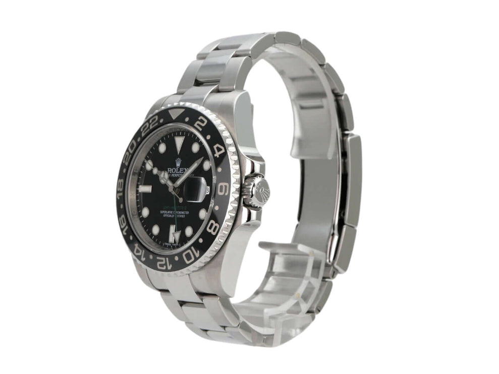 Rolex GMT-Master II Edelstahl 116710LN mit schwarzem Zifferblatt und drehbarer Edelstahl-Lünette.