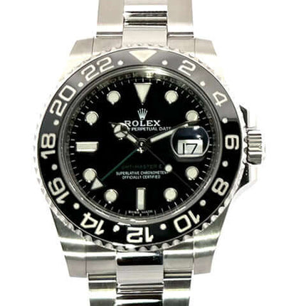Rolex GMT-Master II Edelstahl 116710LN aus 2018 mit schwarzem Zifferblatt, Edelstahlband und keramischer Lünette, Größe 40 mm.