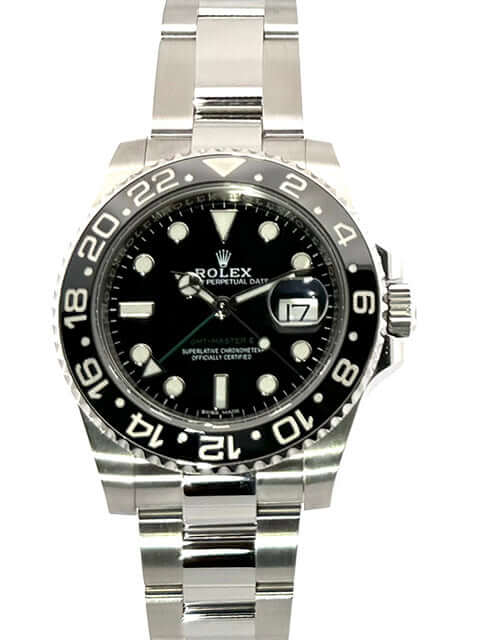 Rolex GMT-Master II Edelstahl 116710LN aus 2018 mit schwarzem Zifferblatt, Edelstahlband und keramischer Lünette, Größe 40 mm.