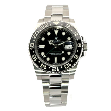 Rolex GMT-Master II Edelstahl 116710LN aus 2018 mit 40 mm poliertem Edelstahlgehäuse, schwarzem Zifferblatt und drehbarer 24-Stunden-Keramiklünette.