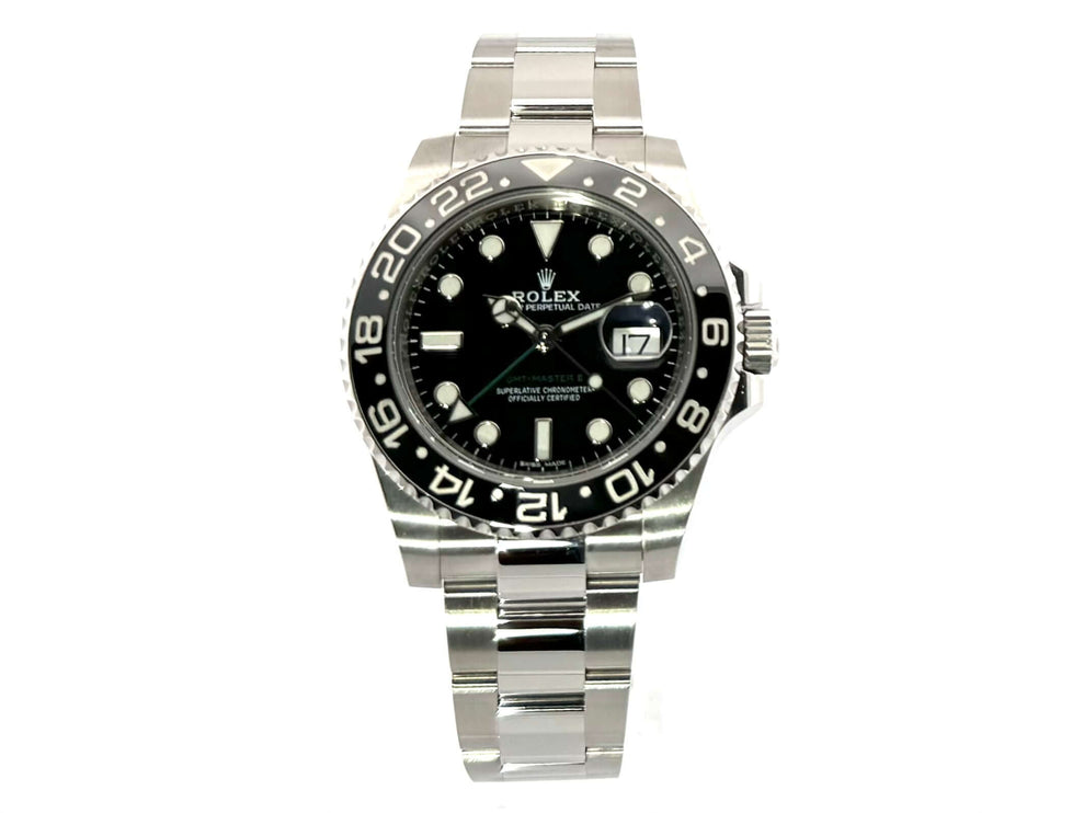 Rolex GMT-Master II Edelstahl 116710LN aus 2018 mit 40 mm poliertem Edelstahlgehäuse, schwarzem Zifferblatt und drehbarer 24-Stunden-Keramiklünette.