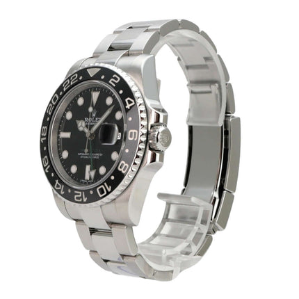 Rolex GMT-Master II Edelstahl 116710LN, schwarze Lünette, Edelstahlband, schwarze Zifferblattansicht
