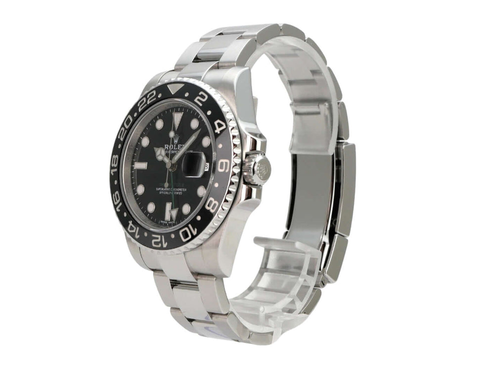 Rolex GMT-Master II Edelstahl 116710LN, schwarze Lünette, Edelstahlband, schwarze Zifferblattansicht