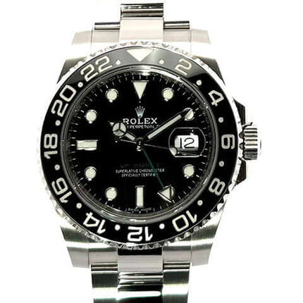 Rolex GMT-Master II Edelstahl 116710LN Uhr mit schwarzem Zifferblatt und poliertem Edelstahlgehäuse, 24-Stunden-Skala auf drehbarer Keramiklünette