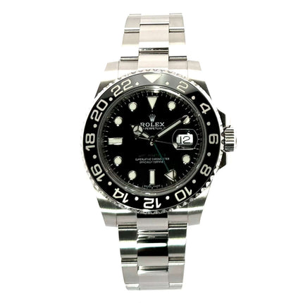 Rolex GMT-Master II Edelstahl 116710LN, schwarzes Zifferblatt, poliertes und satiniertes Edelstahlgehäuse und Armband, Keramik Lünette, Bild von vorne