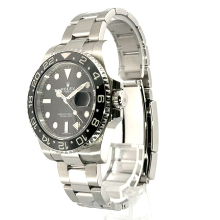 Rolex GMT-Master II Edelstahl 116710LN, schwarze Keramik Lünette, 40 mm Gehäuse, poliertes und satiniertes Edelstahlband, schwarzes Zifferblatt, Automatikwerk.