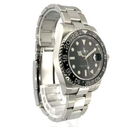 Rolex GMT-Master II Edelstahl 116710LN, schwarzes Zifferblatt, drehbare Lünette, Edelstahlband, poliert und satiniert, Automatikwerk.