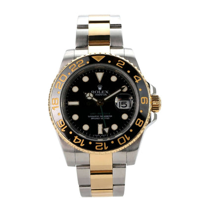 Rolex GMT-Master II 116713LN, elegante Herrenuhr mit schwarzem Zifferblatt, Edelstahl und 18 kt Gold, 2008 Modell.