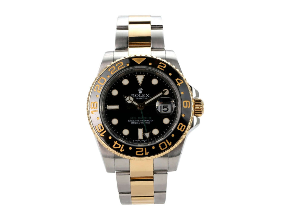 Rolex GMT-Master II 116713LN, elegante Herrenuhr mit schwarzem Zifferblatt, Edelstahl und 18 kt Gold, 2008 Modell.