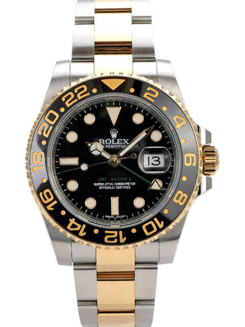 Rolex GMT-Master II 116713LN mit Edelstahl- und 18 kt Gelbgold-Armband sowie schwarzem Zifferblatt.