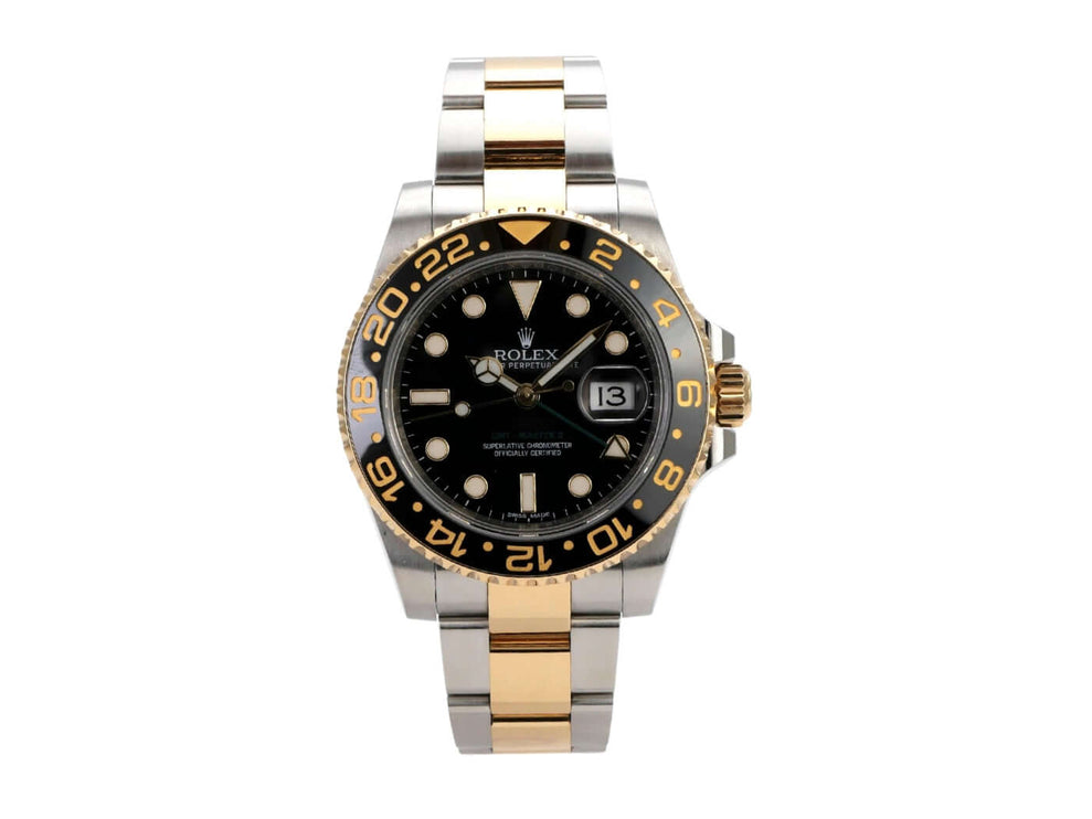 Rolex GMT-Master II 116713LN mit Edelstahl- und 18 kt Gelbgold-Armband, schwarzem Zifferblatt und drehbarer Lünette