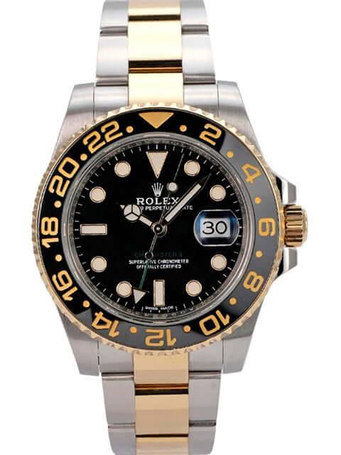 Rolex GMT-Master II 116713LN mit schwarzem Zifferblatt und gelbgoldener Lünette, Edelstahl- und Gold-Armband.