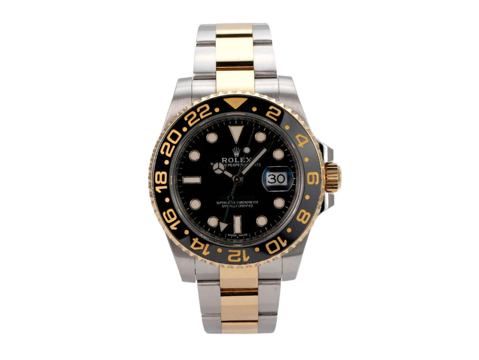 Rolex GMT-Master II 116713LN mit schwarzem Zifferblatt und 18 kt Gelbgold-Lünette