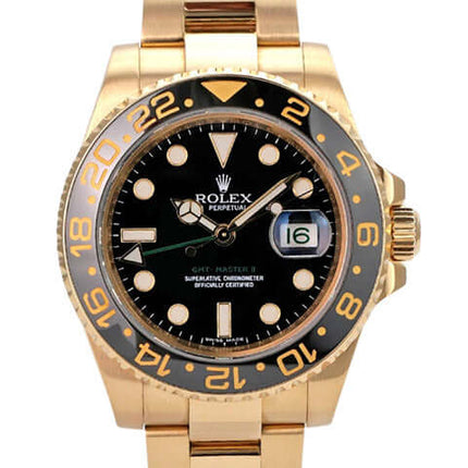 Rolex GMT-Master II Gelbgold 116718LN, gebrauchte Luxusuhr aus 18 kt Gelbgold mit schwarzem Zifferblatt