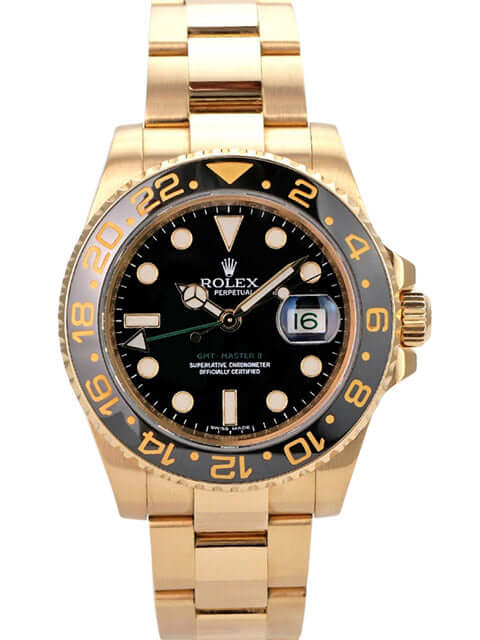 Rolex GMT-Master II Gelbgold 116718LN, gebrauchte Luxusuhr aus 18 kt Gelbgold mit schwarzem Zifferblatt