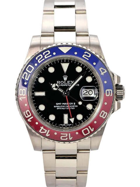 Rolex GMT Master II Weißgold 116719BLRO mit schwarzem Zifferblatt und blau-roter Lünette.
