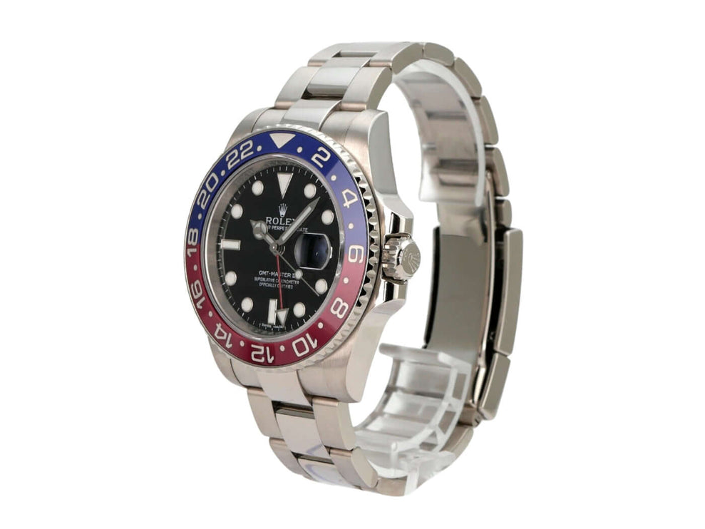 Rolex GMT Master II Weißgold 116719BLRO mit 18 kt Weißgold Gehäuse und blau/roter Keramik Lünette.
