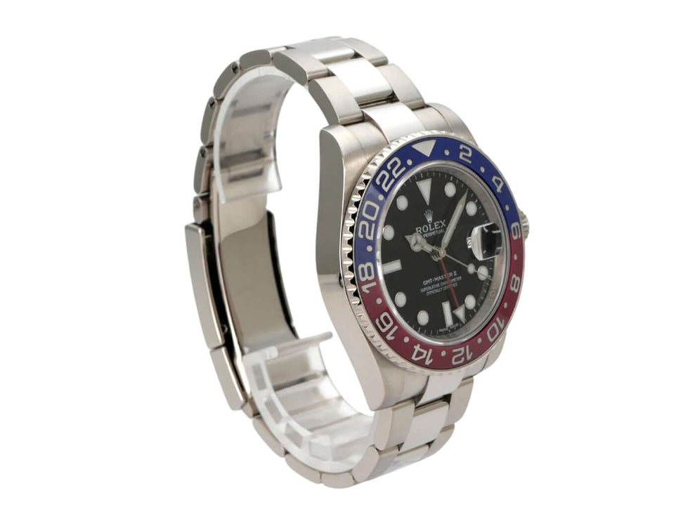 Rolex GMT Master II Weißgold 116719BLRO mit blau-roter Keramikeinlage und 18 kt Weißgold Armband.