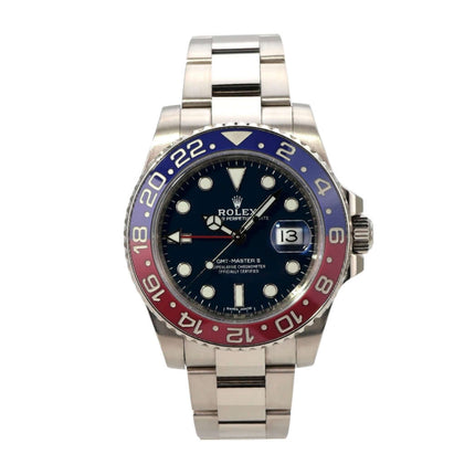 Rolex GMT-Master II Weißgold 116719BLRO Blau mit 40 mm Gehäuse und drehbarer Keramikunlage.