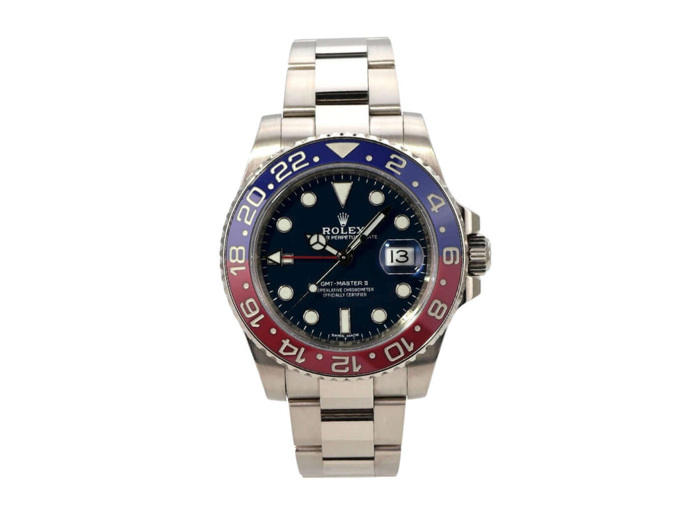 Rolex GMT-Master II Weißgold 116719BLRO Blau mit 40 mm Gehäuse und drehbarer Keramikunlage.