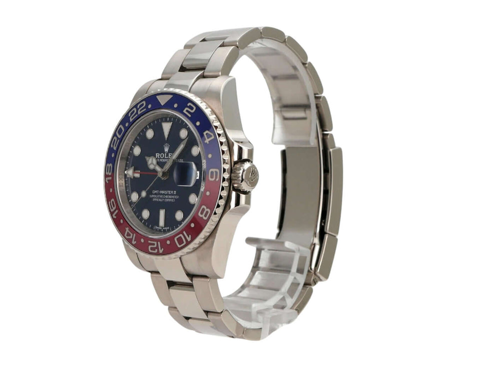 Rolex GMT-Master II Weißgold 116719BLRO Blau mit blau/roter Keramik-Lünette und 18 kt Weißgold-Armband.