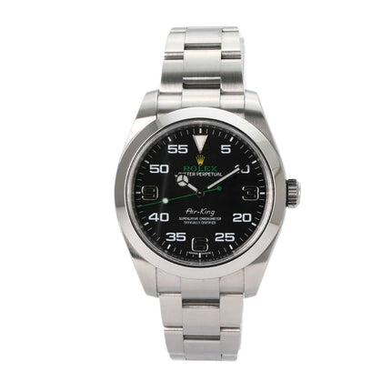 Rolex Oyster Perpetual Air-King 116900 Herrenuhr aus Edelstahl mit schwarzem Zifferblatt und arabischen Leuchtziffern.