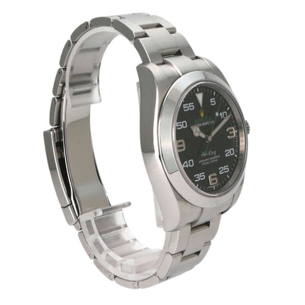 Rolex Oyster Perpetual Air-King 116900 Edelstahl Armband und schwarzes Zifferblatt, Seitenansicht Uhr.