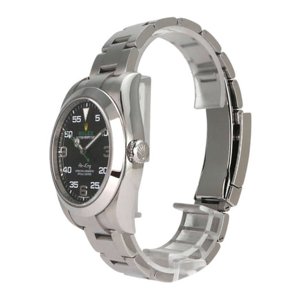 Rolex Oyster Perpetual Air-King 116900, Edelstahlgehäuse, schwarzes Zifferblatt, Oyster-Armband, Seitansicht, hochwertiger Chronometer.